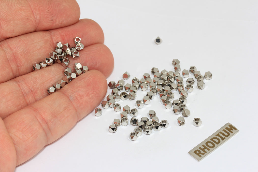 3mm Silver Plated Faceted Beads, Diamond Beads, Cube BRT577