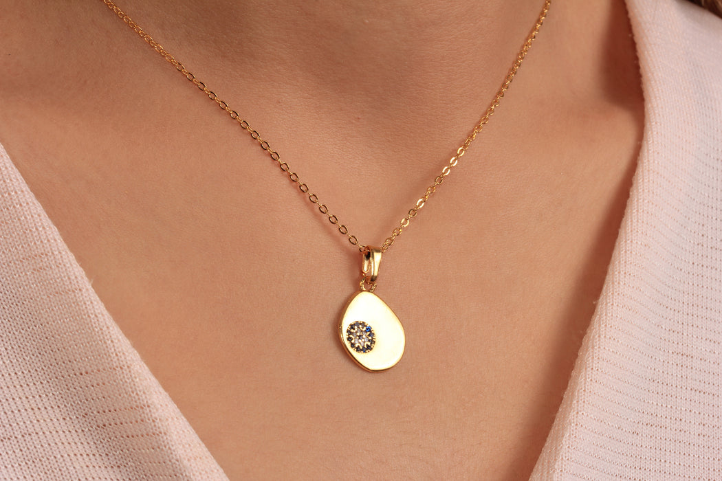 17'' +2'' 24k Shiny Gold CZ Evil Eye Ready Necklace, Blue Stone Eye Medallion Necklace, DC23-5