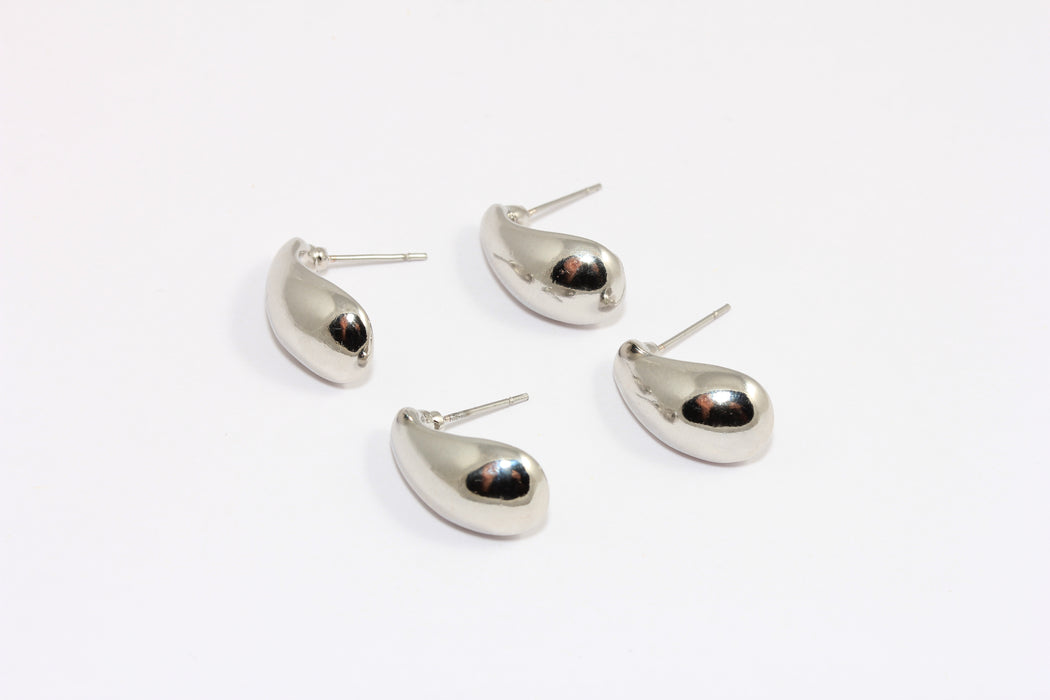 Rhodium Plated Drop Earrings, Teardrop Stud Earrings, Puffed Drop Earrings, HRN63-2