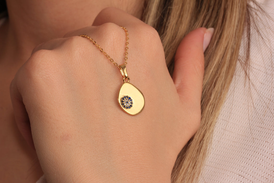 17'' +2'' 24k Shiny Gold CZ Evil Eye Ready Necklace, Blue Stone Eye Medallion Necklace, DC23-5