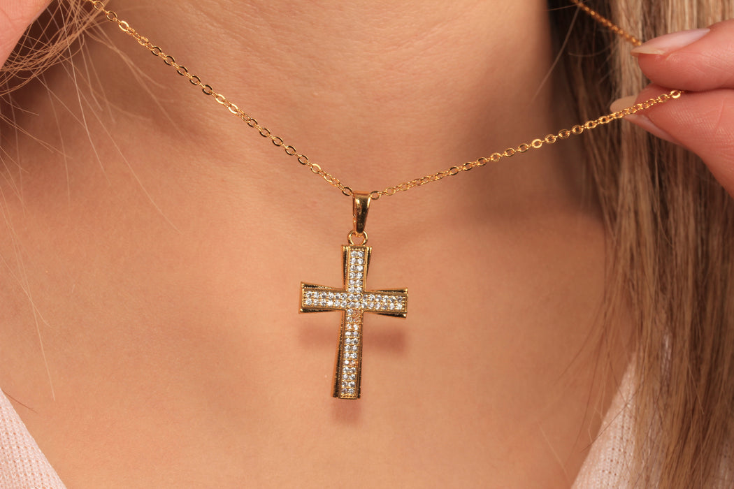17'' +2'' 24k Shiny Gold CZ Cross Charm Ready Necklace, Micro Pave White Stone Cross Pendant Necklace, DC23-6