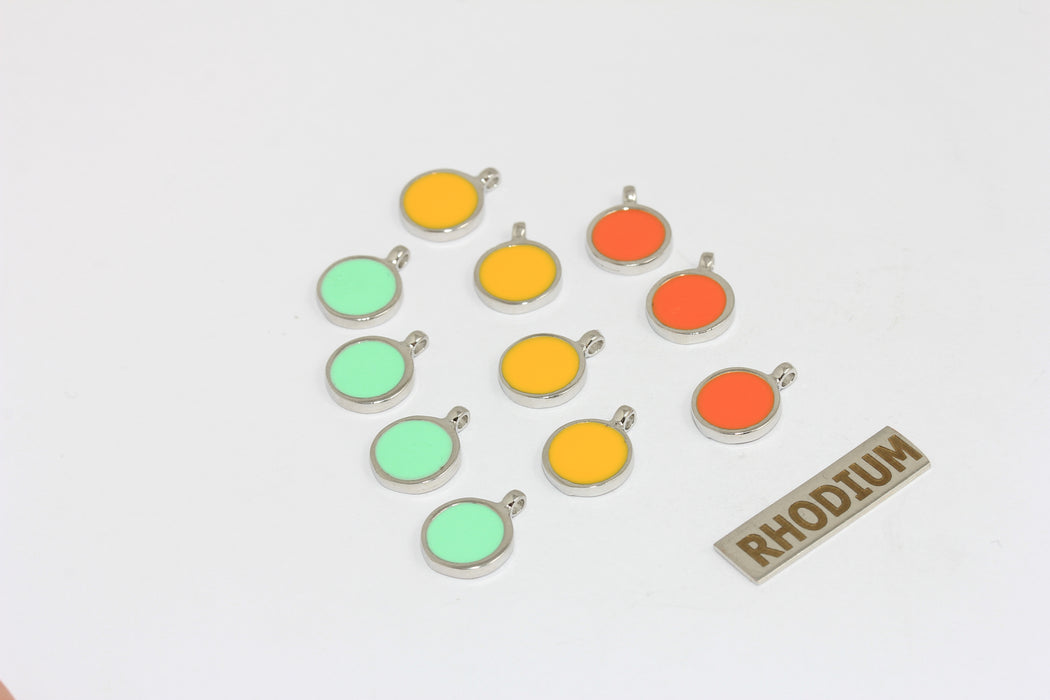 10mm Rhodium Plated Drop Charms, Optional Enamel Color Round Bracelet Charms, ZRCN841