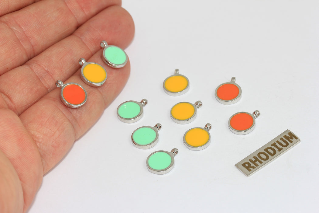 10mm Rhodium Plated Drop Charms, Optional Enamel Color Round Bracelet Charms, ZRCN841