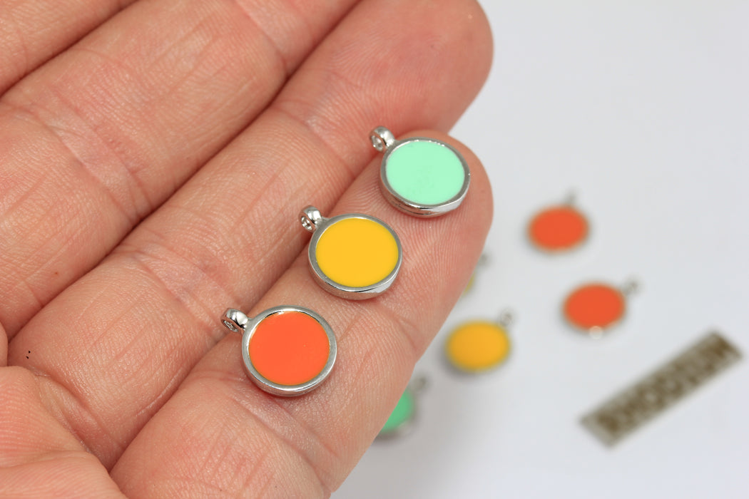 10mm Rhodium Plated Drop Charms, Optional Enamel Color Round Bracelet Charms, ZRCN841