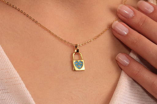 Gold Necklace With Cubic Zirconia Heart Padlock Pendant