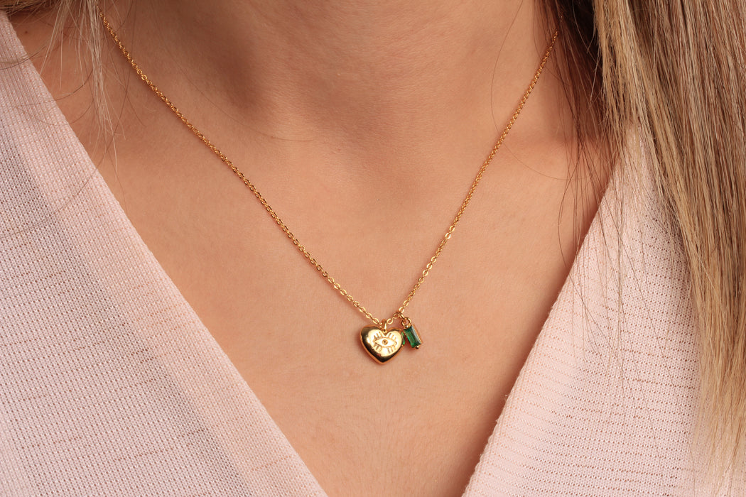 17'' 24 Ayar Parlak Altın Kalp Kolye, Kırmızı Mineli Kalp Kolye,