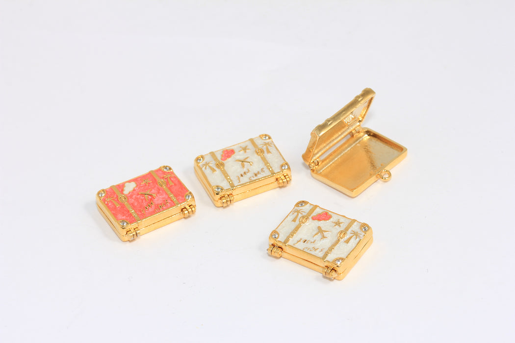 24k Shiny Gold CZ Travel Bag Charms, Enamel Travel Bag Beads, CZ Suitcase Charms, Traveler Lover Necklace,  ROSE513
