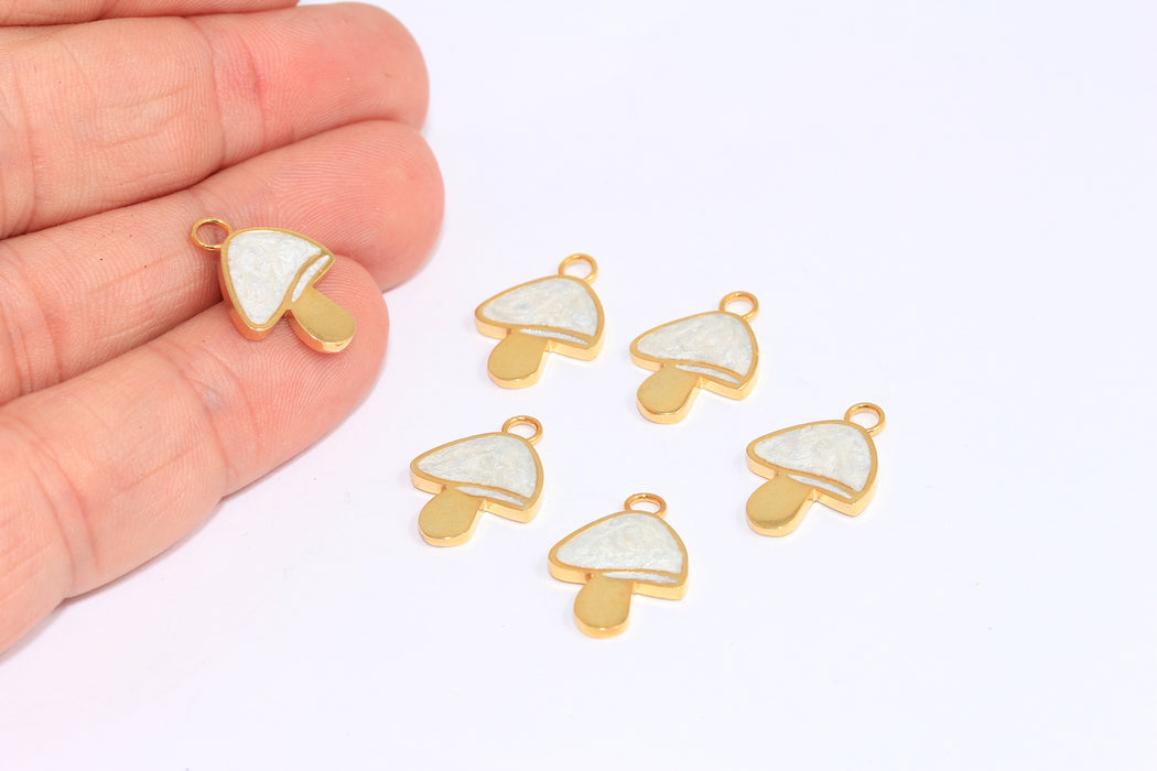13x15mm 24k Shiny Gold Mushroom Charms, Pearl White Enamel Magic Mushroom Beads, ROSE524-2