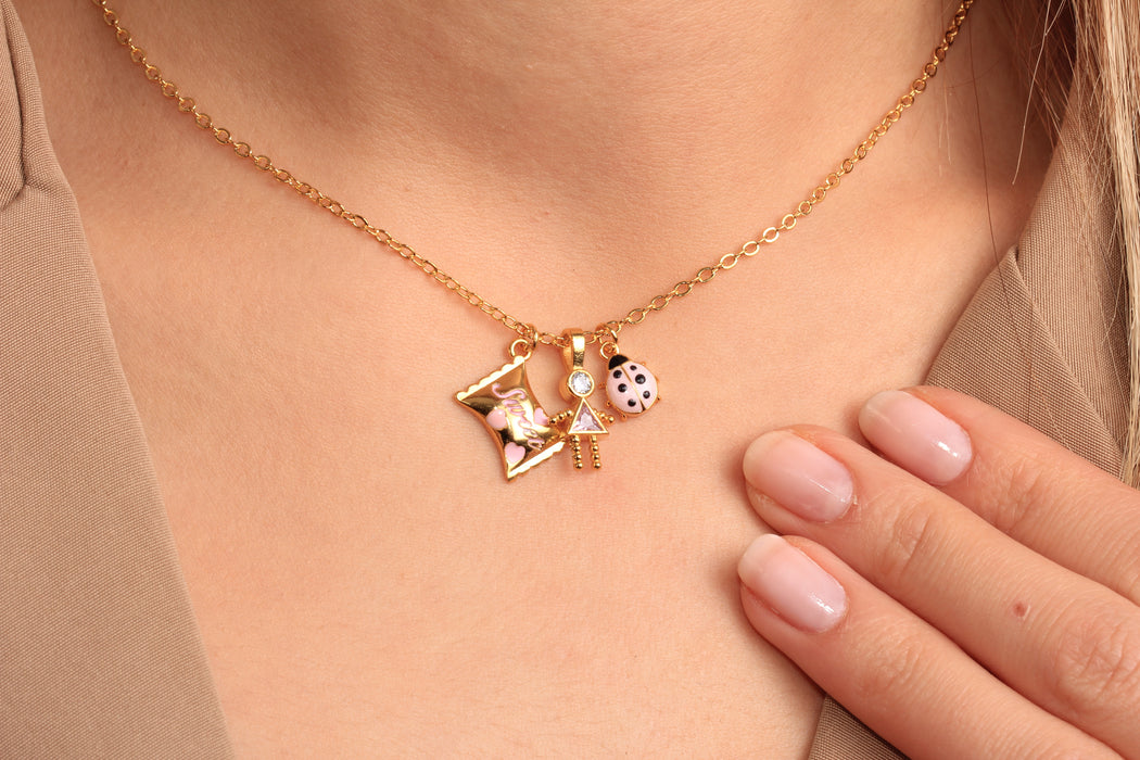 17'' 24 Ayar Parlak Altın Kalp Kolye, Kırmızı Mineli Kalp Kolye,