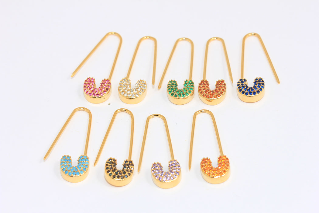 10x32mm 24k Shiny Gold Safety Pin Earrings, CZ Micro Pave Pin Earrings, Safety Pin Pull Through Drop Earrings,