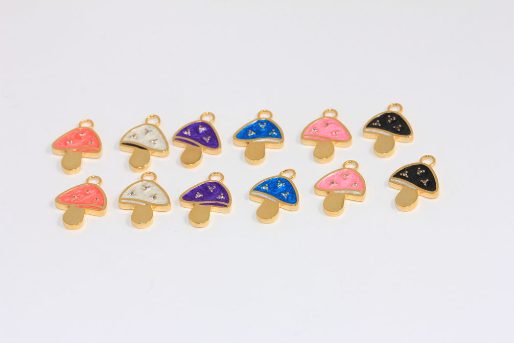 13x14mm 24k Shiny Gold Mushroom Charms, CZ Mushroom Beads, Optional Enamel Color Mushroom Pendant,