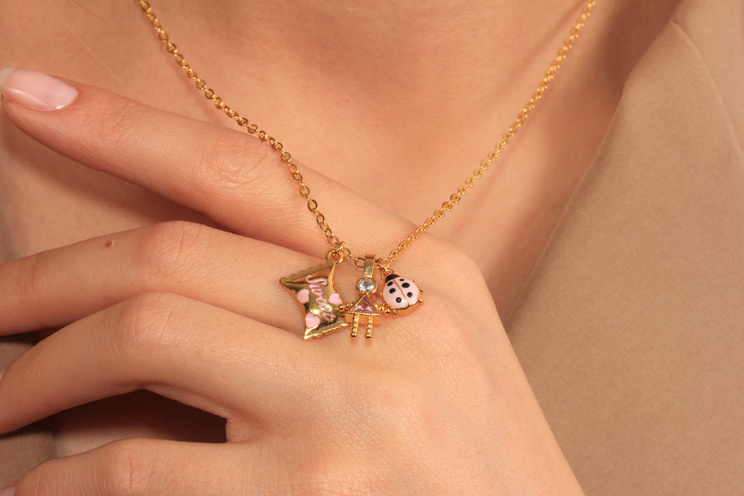 17'' 24 Ayar Parlak Altın Kalp Kolye, Kırmızı Mineli Kalp Kolye,