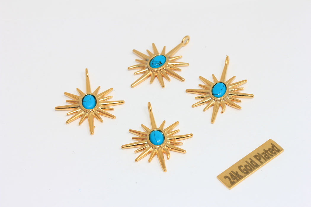 25x32mm 24 ayar Parlak Altın Kuzey Yıldızı Tılsımı, Turkuaz Taş Yıldız, BRT811