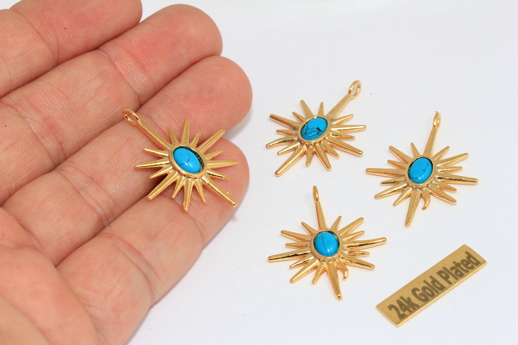25x32mm 24 ayar Parlak Altın Kuzey Yıldızı Tılsımı, Turkuaz Taş Yıldız, BRT811