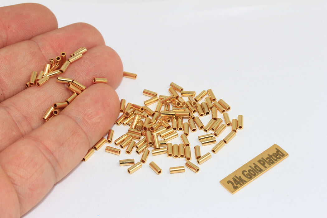 2x5mm Parlak Altın Kaplama Tüp Boncuklar, Yuvarlak Tüpler, Tüpler, BRT805