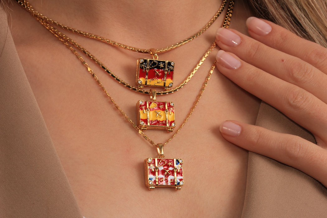 17'' 24 Ayar Parlak Altın Kalp Kolye, Kırmızı Mineli Kalp Kolye,