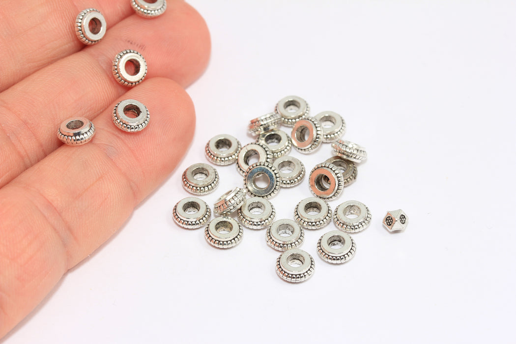 3x7mm Antique Silver Spacer Beads, Wheel Beads, Rondelle Connector Beads, MTE605