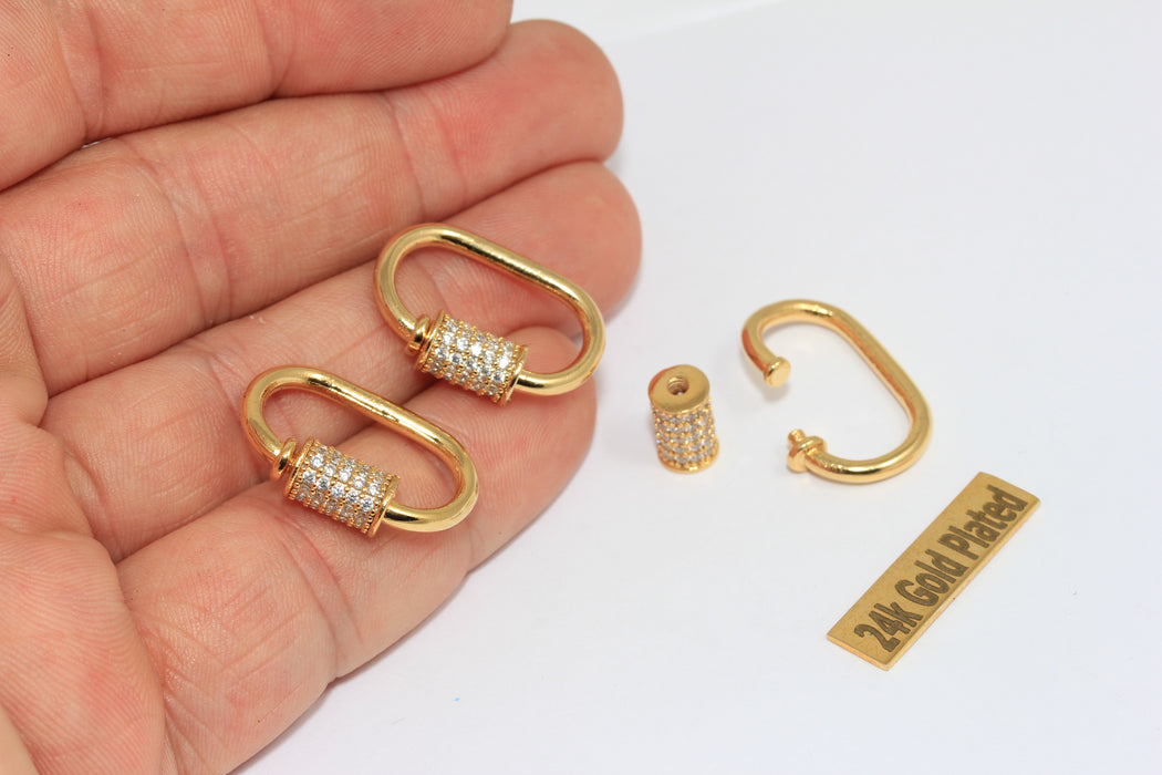 16x24mm 24k Shiny Gold Oval Screw Clasp, Cz Oval Necklace Clasp,  BRT820