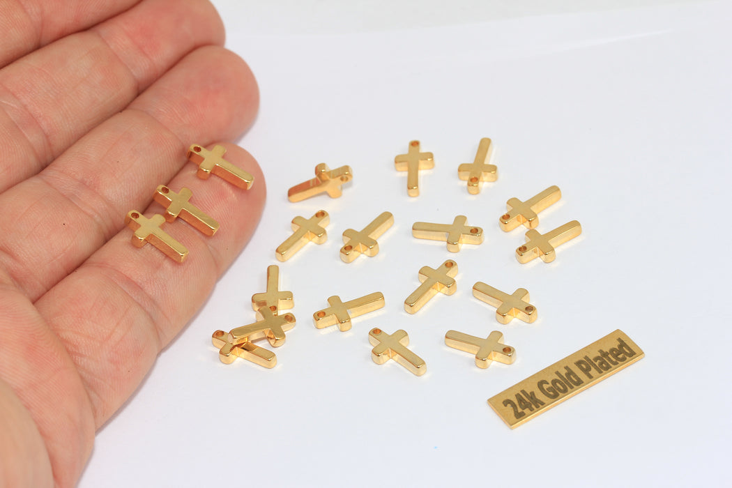 7x11mm - 24k Shiny Gold Cross Charms, Gold Cross Pendant,  BRT819