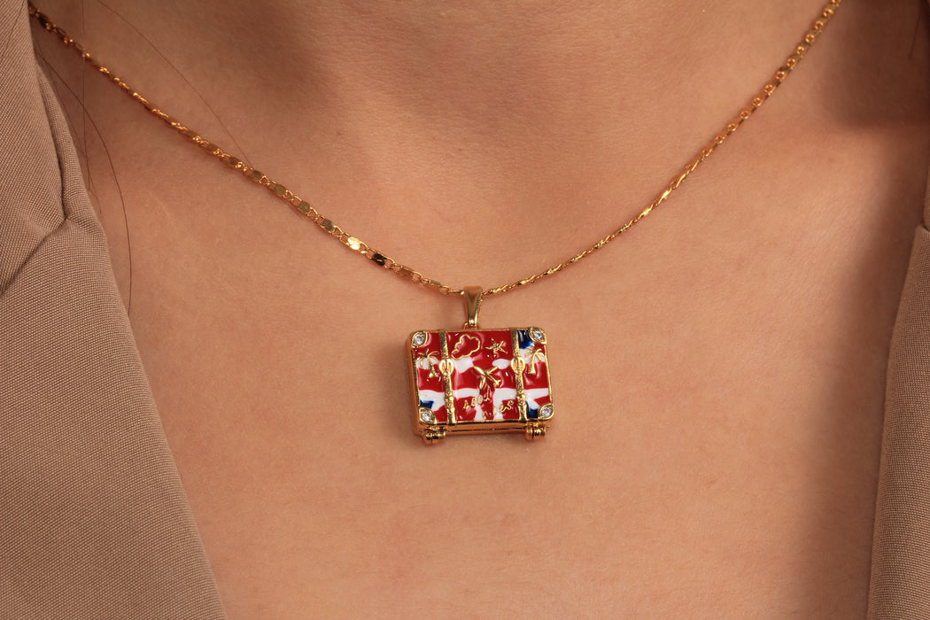 17'' 24 Ayar Parlak Altın Kalp Kolye, Kırmızı Mineli Kalp Kolye,