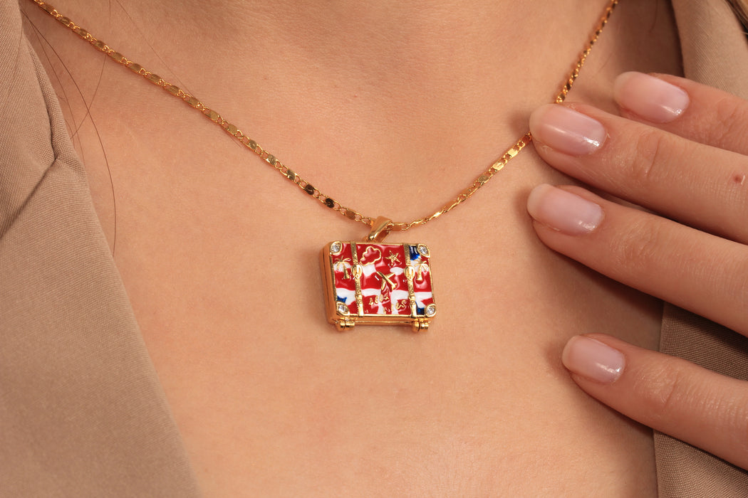 17'' 24 Ayar Parlak Altın Kalp Kolye, Kırmızı Mineli Kalp Kolye,