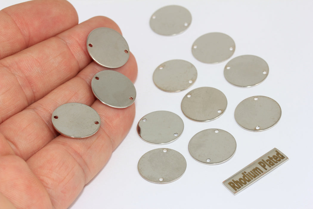 17 mm Gümüş Kaplama Disk Charm, İki Delikli Madeni Para, Yuvarlak, Disk BRT792