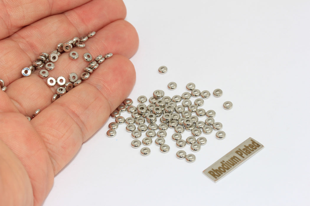 Perline distanziatrici in rodio da 4 mm, distanziatori in argento, distanziatori a rondella, BRT791