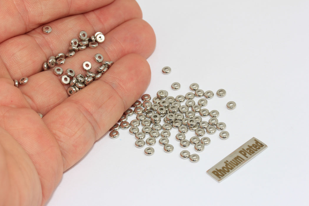 Perline distanziatrici in rodio da 4 mm, distanziatori in argento, distanziatori a rondella, BRT791