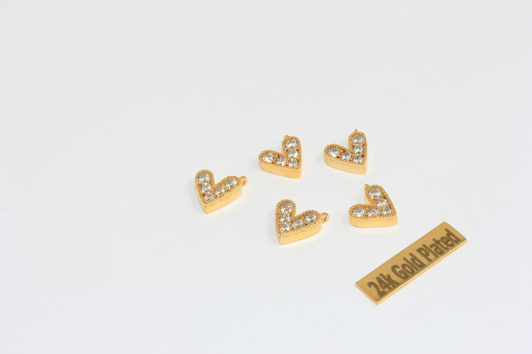 10mm 24k Shiny Gold Heart Charms, Micro Pave White Stone Heart, BRT783