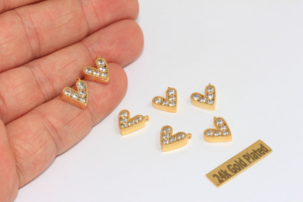 10mm 24k Shiny Gold Heart Charms, Micro Pave White Stone Heart, BRT783