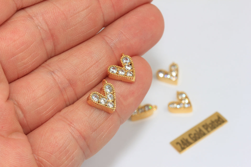 10mm 24k Shiny Gold Heart Charms, Micro Pave White Stone Heart, BRT783