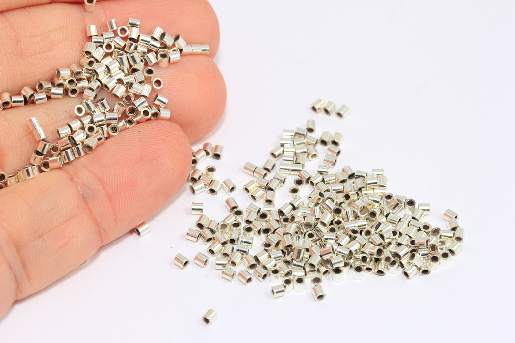 2mm Shiny Silver Plated Tube Beads, Crimp Beads, Tiny Tubes, Silver Spacer Beads, ROSE412