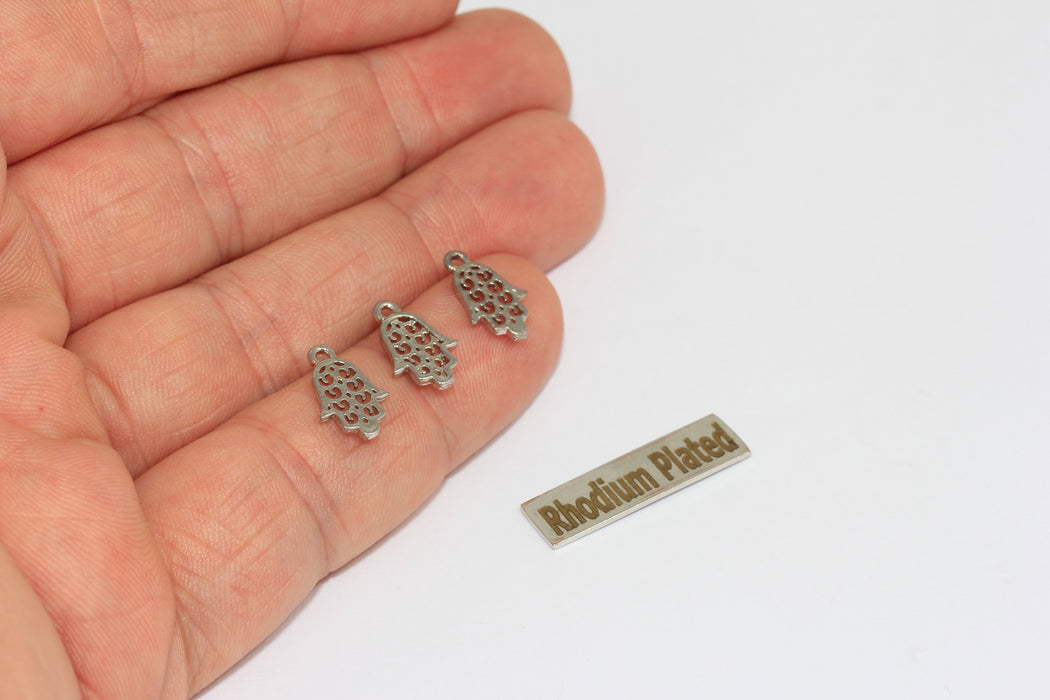 7x12mm Rhodium Plated Hamsa Charm, Silver Hamsa Beads, Fatima Hand Charms, BRT779