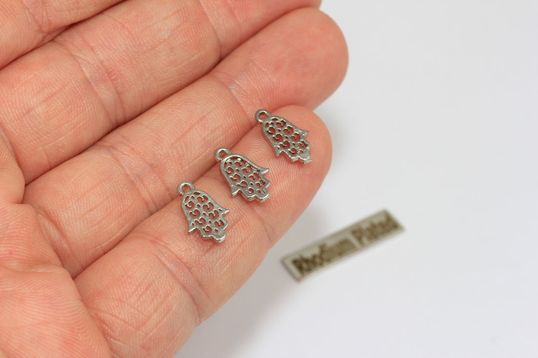 7x12mm Rhodium Plated Hamsa Charm, Silver Hamsa Beads, Fatima Hand Charms, BRT779