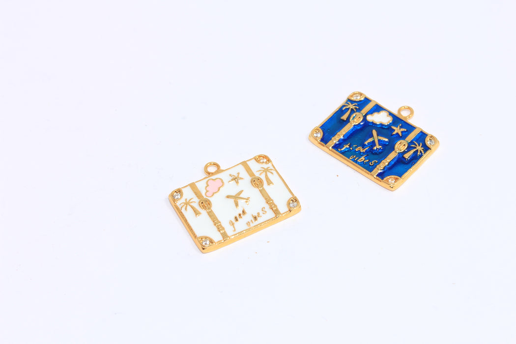 24k Shiny Gold CZ Travel Bag Charms, Optional Enamel Travel Bag Beads, CZ Suitcase Charms, Flat Suitcase Charms,