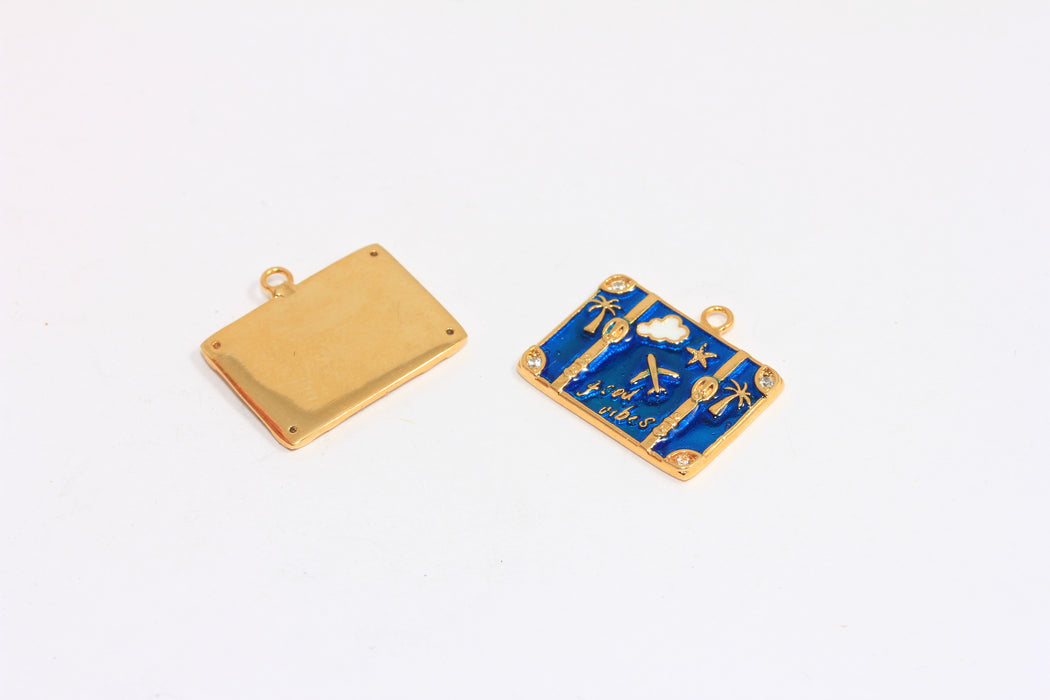 24k Shiny Gold CZ Travel Bag Charms, Optional Enamel Travel Bag Beads, CZ Suitcase Charms, Flat Suitcase Charms,