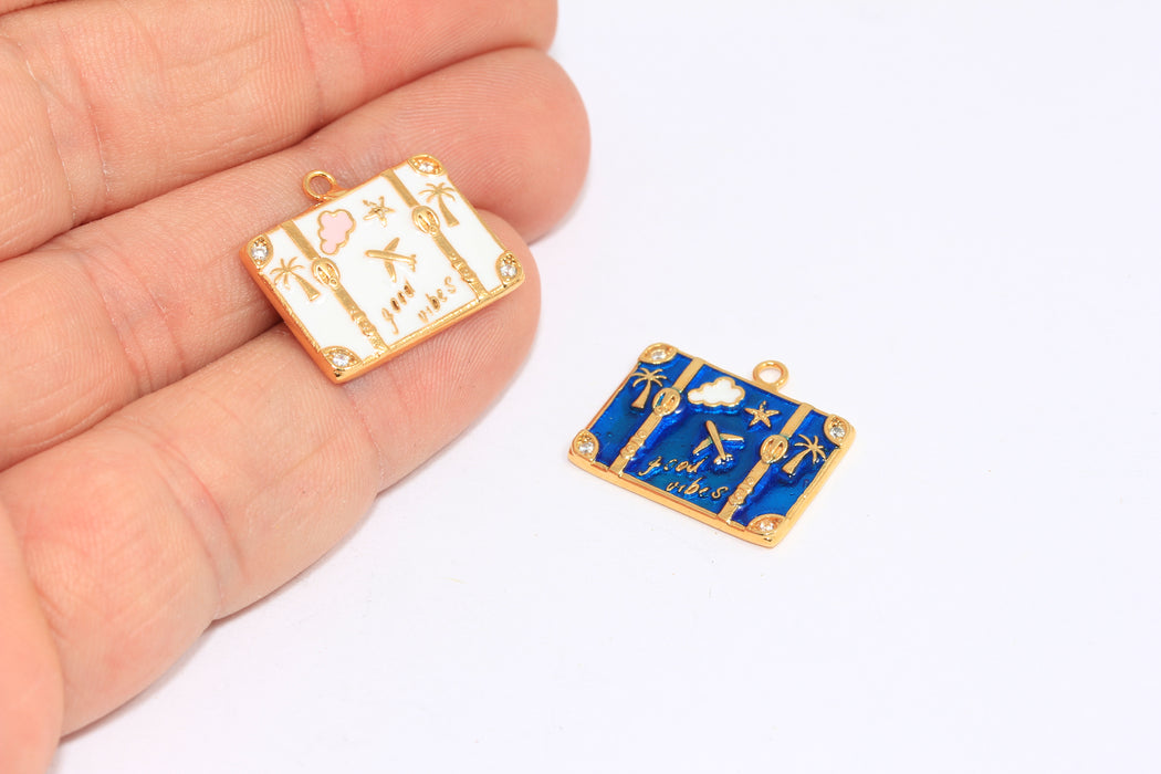 24k Shiny Gold CZ Travel Bag Charms, Optional Enamel Travel Bag Beads, CZ Suitcase Charms, Flat Suitcase Charms,