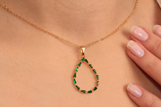 Gold Necklace With Green Baguette Stone Teardrop Pendant