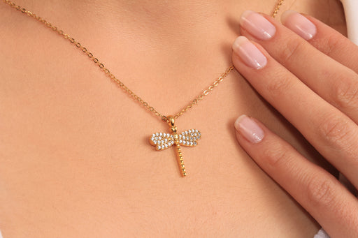 Gold Necklace With Cubic Zirconia Dragonfly Charm