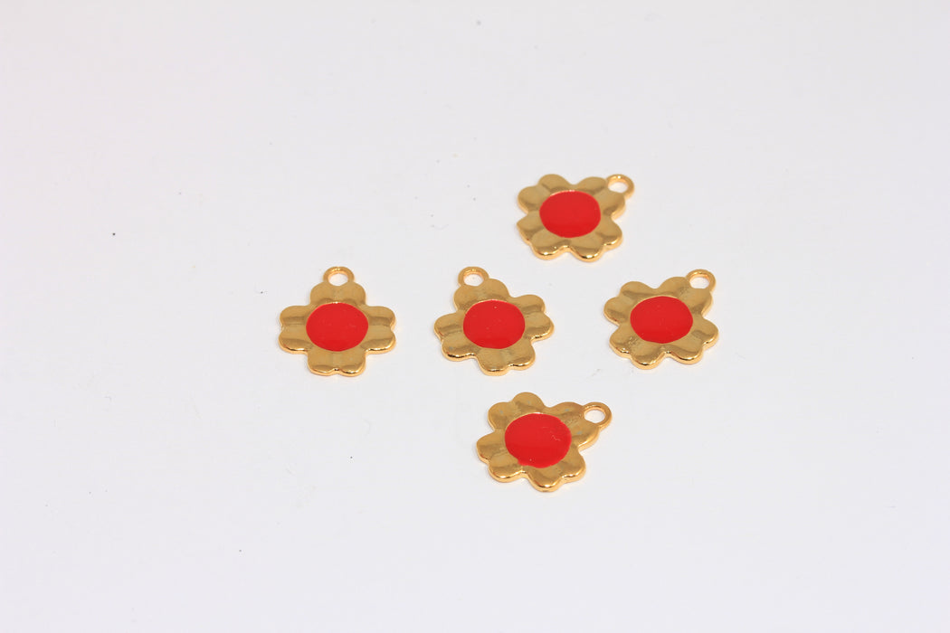 14x16mm 24k Shiny Gold Flower Charms, Red Enamel Flower Charm, Clover Bracelet Charms, BRT674-1