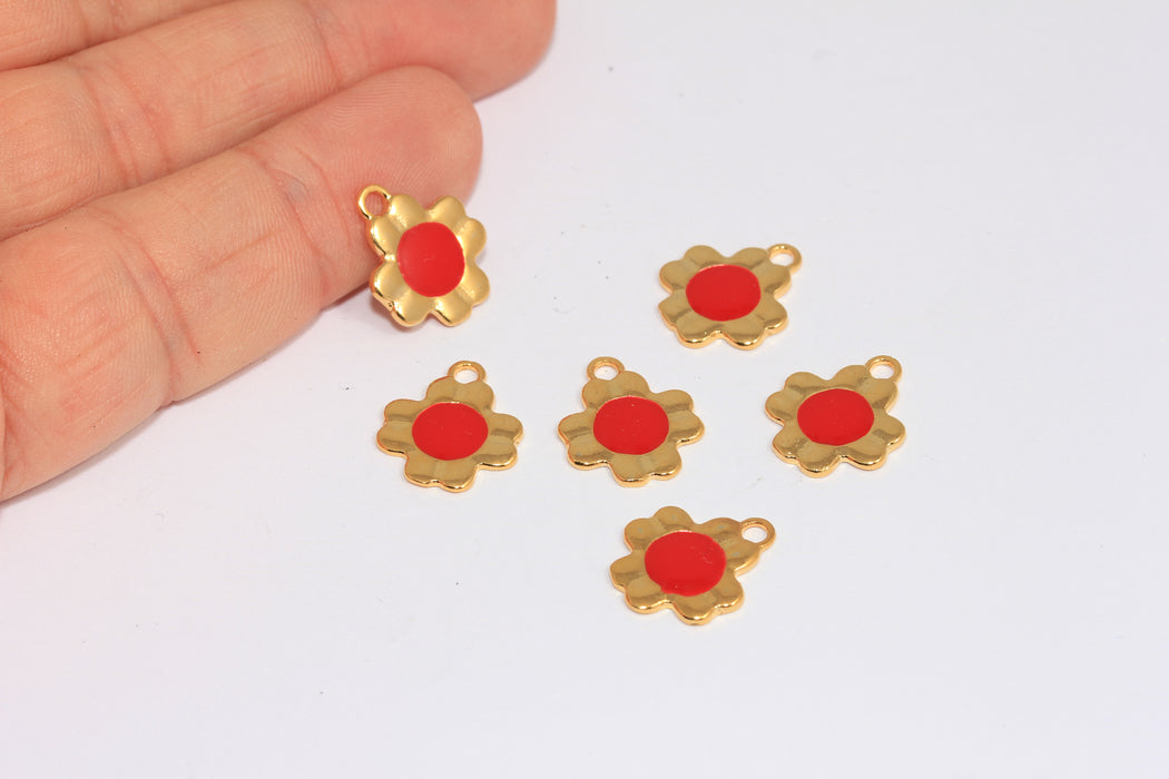 14x16mm 24k Shiny Gold Flower Charms, Red Enamel Flower Charm, Clover Bracelet Charms, BRT674-1