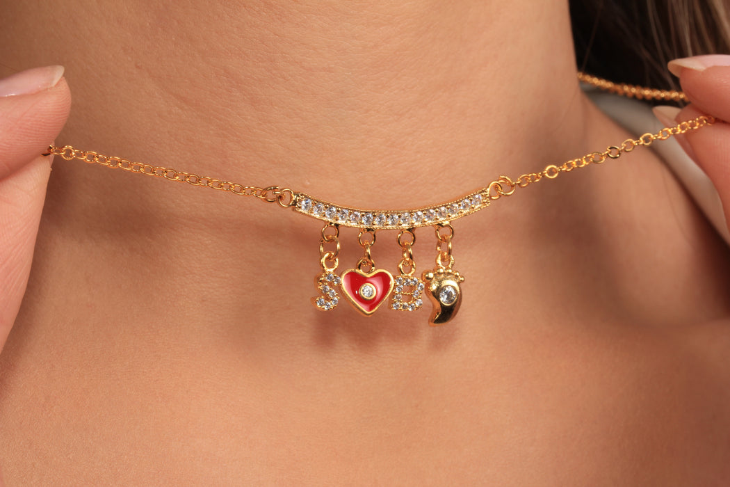 17'' 24 Ayar Parlak Altın Kalp Kolye, Kırmızı Mineli Kalp Kolye,