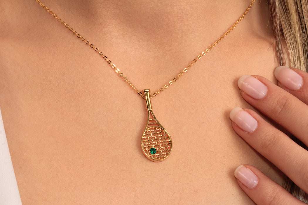 Gold Sport Necklace With CZ Tennis Racket