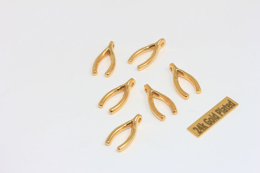 10x20mm 24k Shiny Gold Wishbone Pendant, Lucky , BRT716