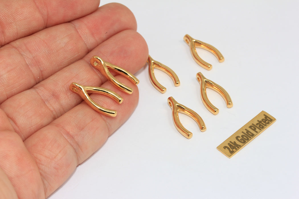 10x20mm 24k Shiny Gold Wishbone Pendant, Lucky , BRT716