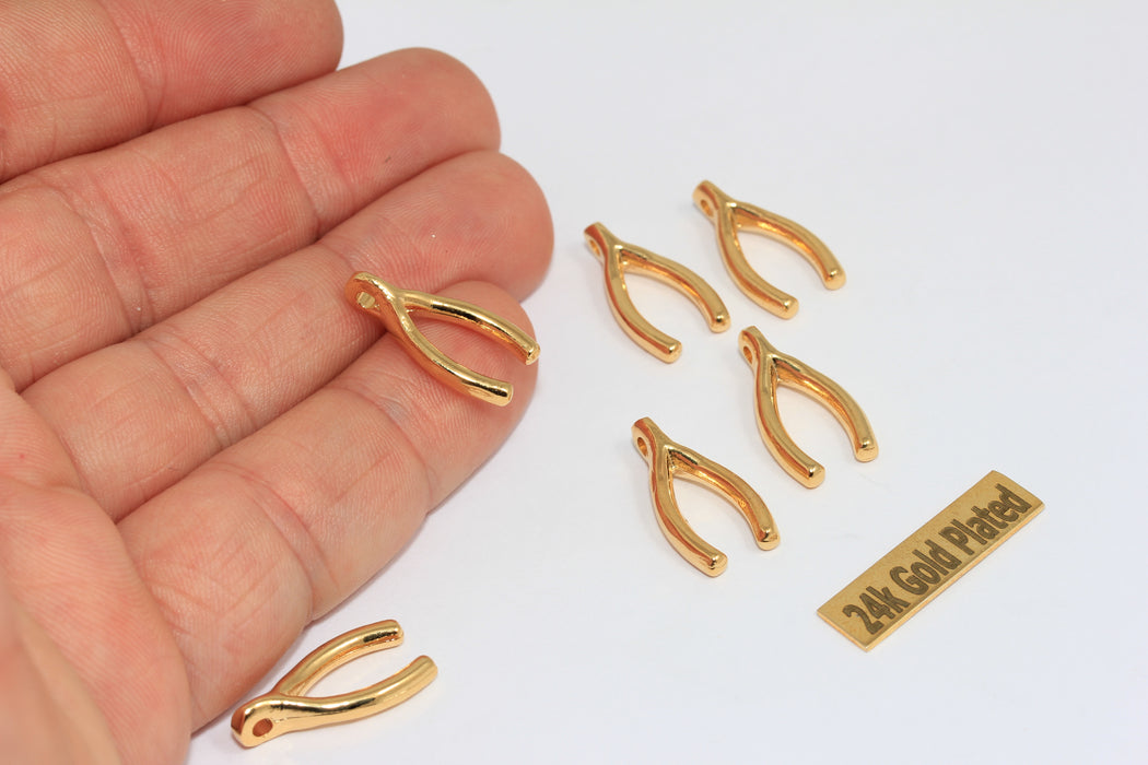 10x20mm 24k Shiny Gold Wishbone Pendant, Lucky , BRT716