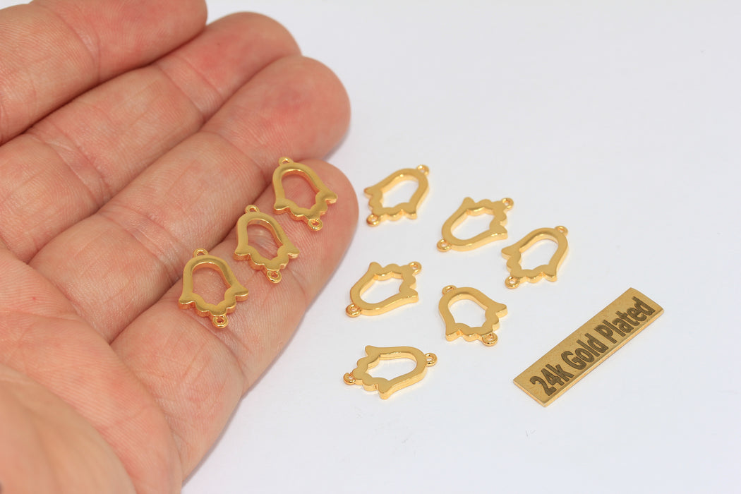 Ciondoli Hamsa in oro lucido 24k da 10x14 mm, perline a forma di mano di Fatima a due fori, BRT767
