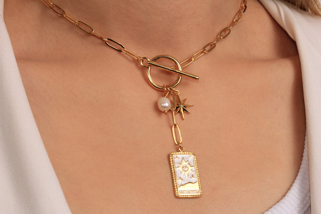 17'' 24 Ayar Parlak Altın Kalp Kolye, Kırmızı Mineli Kalp Kolye,