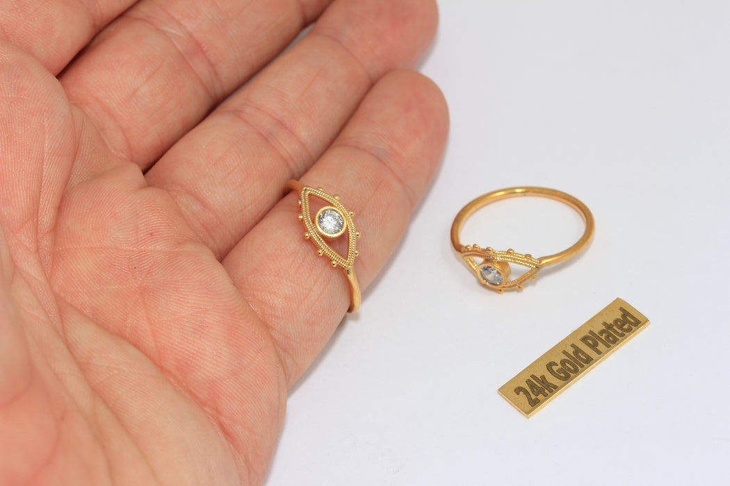 18mm 24k Shiny Gold Eye Ring, Micro Pave White Stone,  BRT706