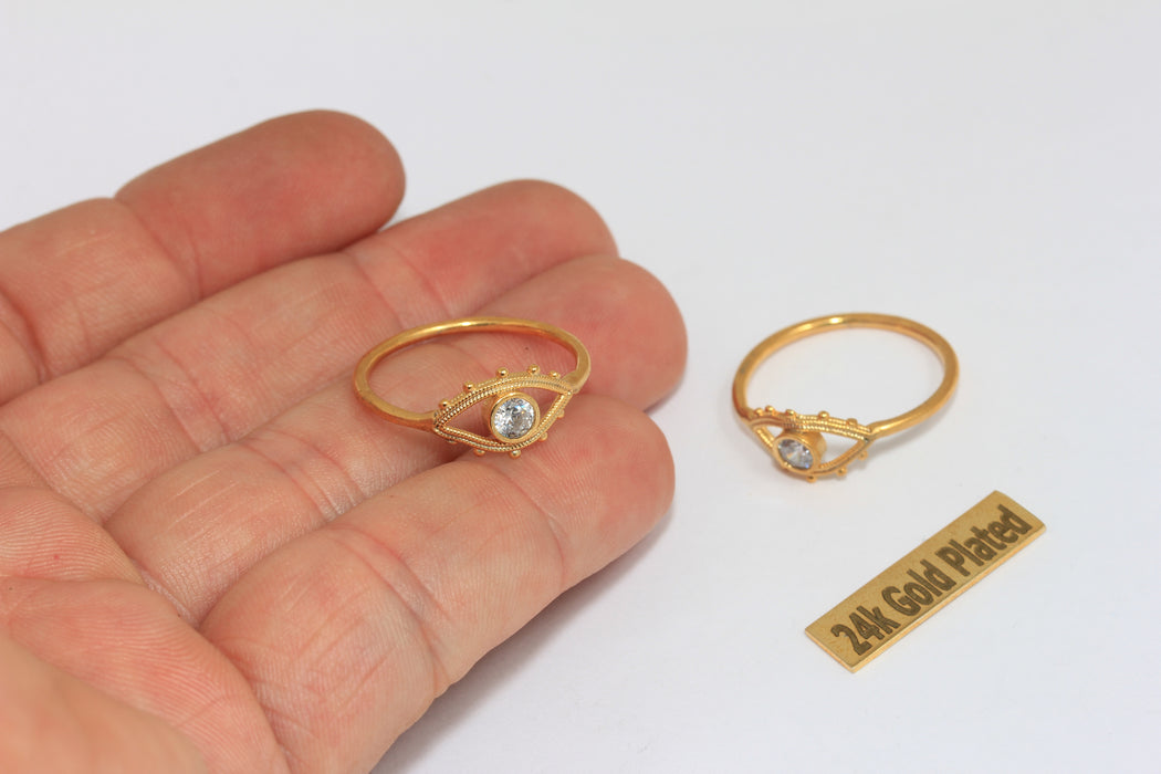 18mm 24k Shiny Gold Eye Ring, Micro Pave White Stone,  BRT706